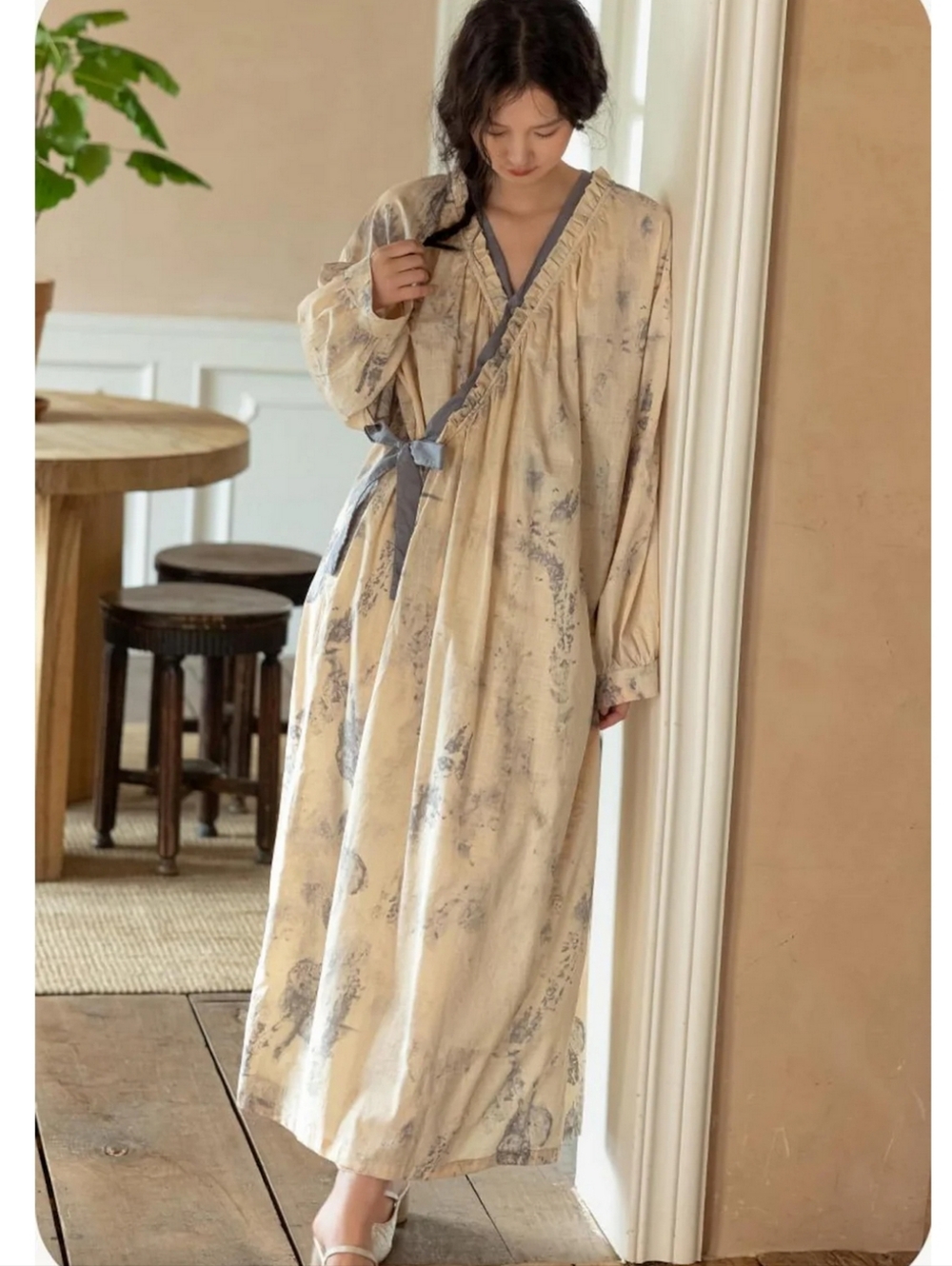 Lightweight Cotton Ruffle Robe Beige & Slate Blue Pattern Tie Front Large - Picture 15 of 15